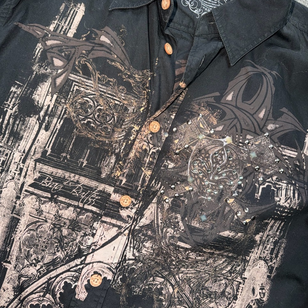 Y2K Brad Butter Graphic Black Button Down Shirt Sz M Grunge Biker Rockabilly Vtg